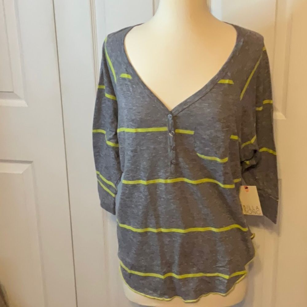 Billabong Draw The Line Henley Striped Top Shirt Gray Green Small New‎